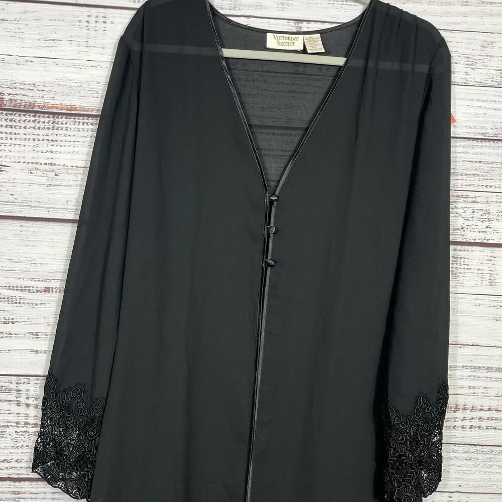 Vtg Victoria’s Secret Gold Label Robe M/L Black Long Lace Sheer Whimsy Goth
